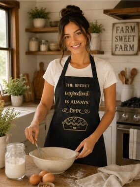 Black Apron with Gold Script "The Secret Ingredient is Always Love"